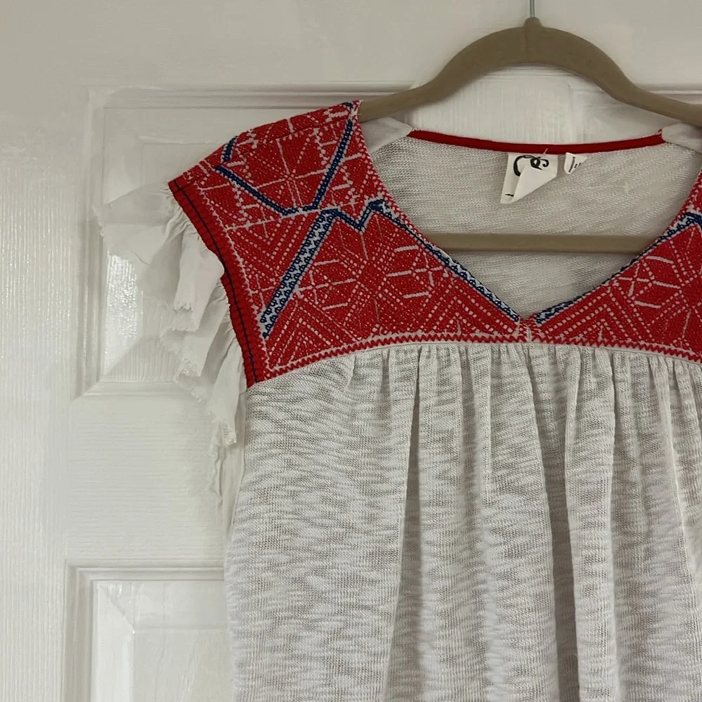 Anthropologie White Top with Red & Blue Embroidered Yoke